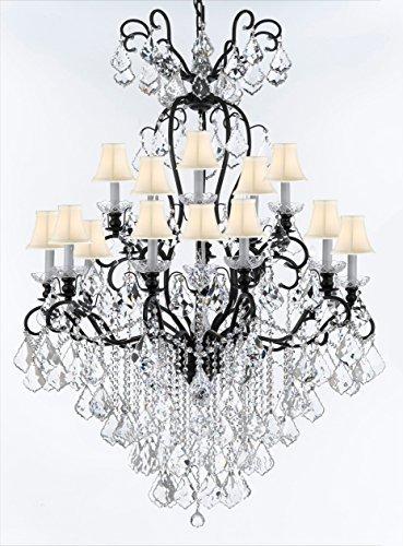 Wrought Iron Crystal Chandelier Lighting W38" H60" - Good for Entryway, Foyer, Living Room, Ballrooms, Catering Halls, Event Halls! w/ White Shades - F83-WHITESHADES/B12/556/16