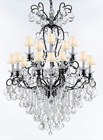 Wrought Iron Crystal Chandelier Lighting W38" H60" - Good for Entryway, Foyer, Living Room, Ballrooms, Catering Halls, Event Halls! w/ White Shades - A500-WHITESHADES/B12/556/16