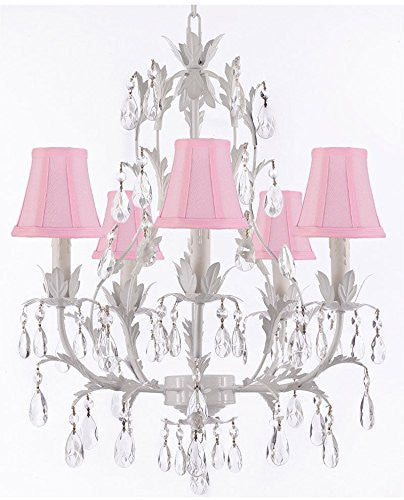 White Wrought Iron Floral Chandelier Lighting Crystal Chandeliers With Shades - J10-Sc/Pinkshade/White/26016/5