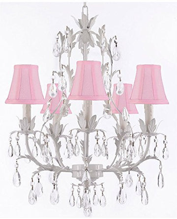 White Wrought Iron Floral Chandelier Lighting Crystal Chandeliers With Shades - J10-Sc/Pinkshade/White/26016/5