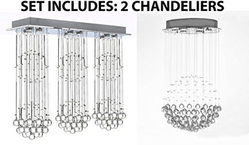Set Of 2 - Modern Contemporary Chandelier Triple "Rain Drop" Chandeliers Lighting With Crystal Balls - 1Ea 26058/3+3+3 + 1Ea 26059/6
