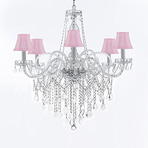 Murano Venetian Style All-Crystal Chandelier With Pink Shades H38" X W32" - G46-Sc/Pinkshades/B12/B67/385/6