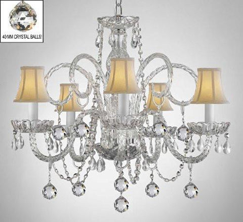 Crystal Chandelier With White Shades & Crystal Balls - A46-B6/Whiteshades/385/5