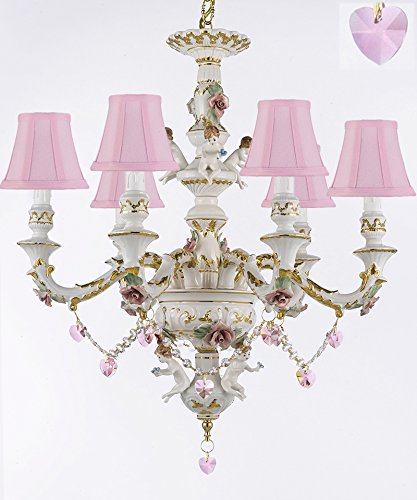 Authentic Capodimonte Porcelain Chandelier Lighting w/ Cherub Angels W/ Pink Hearts w/ Pink Shades Made in Italy Good for Dining Room, Kids & Girls Bedrooms 24K Gold Trimmed w/ Roses & Flowers - GB102-SC/PINKSHADES/B21/119/6
