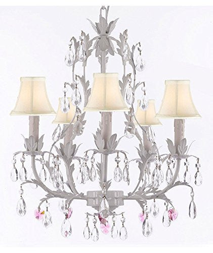 White Wrought Iron Floral Chandelier Lighting W/ Pink Hearts And Shades - J10-Sc/Whiteshade/B21/White/26016/5
