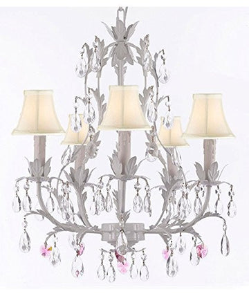 White Wrought Iron Floral Chandelier Lighting W/ Pink Hearts And Shades - J10-Sc/Whiteshade/B21/White/26016/5