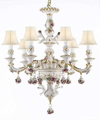 Authentic Capodimonte Porcelain Chandelier Lighting w/ Cherub Angels Made in Italy Good for Dining Room, Kids & Girls Bedrooms 24K Gold Trimmed w/ Roses & Flowers- With White Shades - GB102-SC/Whiteshades/119/6