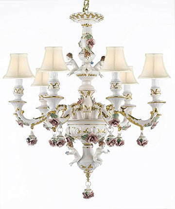 Authentic Capodimonte Porcelain Chandelier Lighting w/ Cherub Angels Made in Italy Good for Dining Room, Kids & Girls Bedrooms 24K Gold Trimmed w/ Roses & Flowers- With White Shades - GB102-SC/Whiteshades/119/6