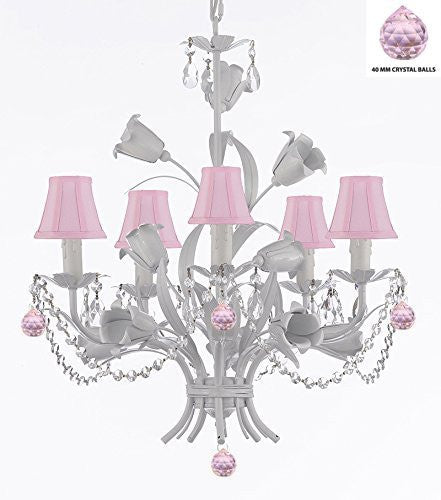 White Wrought Iron Floral Chandelier Empress Crystal (Tm) Flower Chandeliers Lighting H23" X W19" With Pink Shades - J10-Sc/Pinkshade/B76/B52/White/325/5