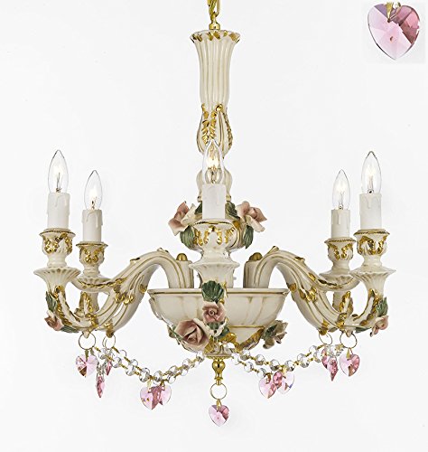 Authentic Capodimonte Porcelain Chandelier Lighting Chandeliers Cottage Chic Made in Italy, 24K Gold Trimmed w/ Roses & Flowers Dressed w/ Pink Hearts Crystals - GB102-B52/B23/435/6