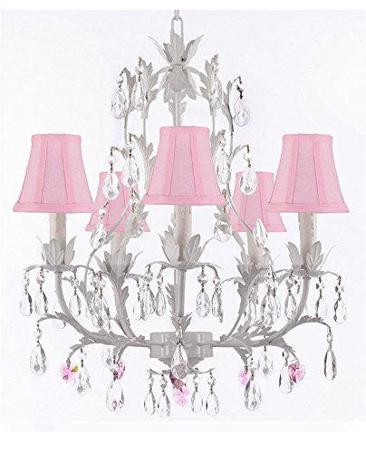 White Wrought Iron Floral Chandelier Lighting W/ Pink Hearts And Shades - J10-Sc/Pinkshade/B21/White/26016/5