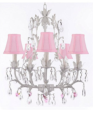 White Wrought Iron Floral Chandelier Lighting W/ Pink Hearts And Shades - J10-Sc/Pinkshade/B21/White/26016/5