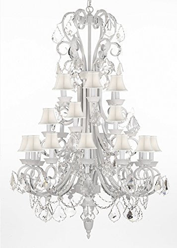 Large Foyer / Entryway White Wrought Iron Chandelier Lighting 50" Inches Tall With Crystal And White Shades - J10-B12/WHITESHADES/WHITE/26015/24