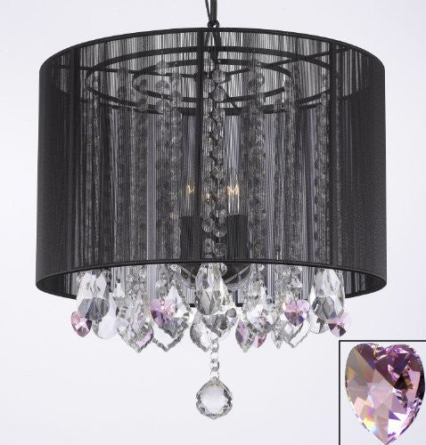 Crystal Chandelier With Large Black Shade And Pink Crystal Hearts H15" X W15" - Perfect For Kids' And Girls Bedrooms - G7-B21/Black/Sm/26029/3