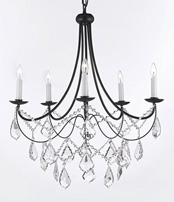 Wrought Iron Chandelier Lighting H22.5" X W26" Trimmed With Spectra (Tm) Crystal - Reliable Crystal Quality By Swarovski Swag Plug In-Chandelier W/ 14' Feet Of Hanging Chain And Wire - J10-B12/B16/26031/5Sw