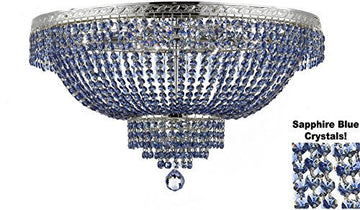 French Empire Semi Flush Crystal Chandelier Lighting - Dressed With Sapphire Blue Color Crystals H18" X W24" - A500-B82/Flush/Cs/870/9
