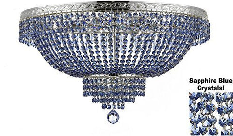 French Empire Semi Flush Crystal Chandelier Lighting - Dressed With Sapphire Blue Color Crystals H18" X W24" - A500-B82/Flush/Cs/870/9