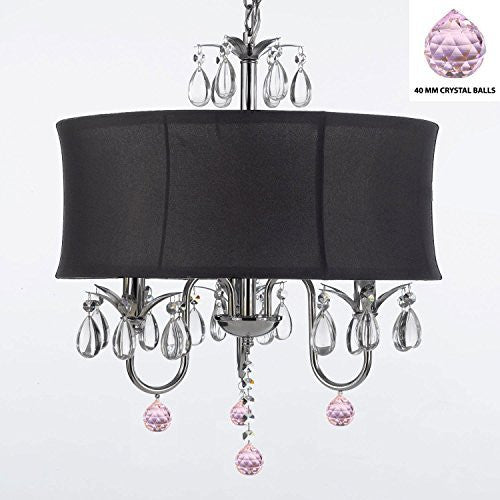 Crystal Chandelier Chandeliers With Large Black Shade And Pink Crystal Balls W18" H 22" - Perfect For Kids' And Girls Bedrooms - J10-B76/Black/26032/3