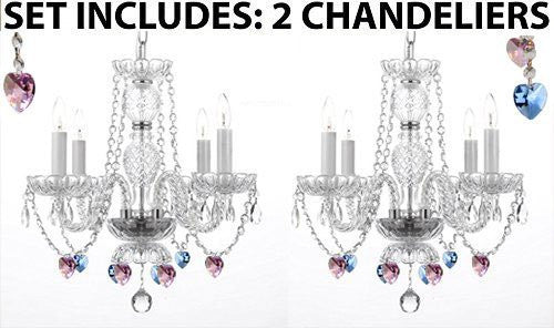 Set Of 2 - Chandeliers Lighting With Sapphire Blue & Pink Crystal Hearts Perfect For Living Room Dining Room Kitchen Kid'S Bedroom - 2Ea J10-B85/B21/26098/4