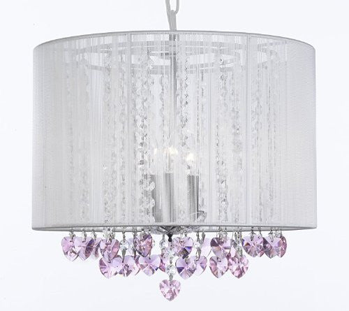 Crystal Chandelier Chandeliers With Large White Shade and Pink Crystal Hearts! H15 x W15 - Perfect for Kids' and Girls Bedrooms! - G7-B23/WHITE/SM/26028/3-PINK HEARTS