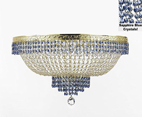 Flush French Empire Crystal Chandelier Lighting Trimmed With Sapphire Blue Crystal Good For Dining Room Foyer Entryway Family Room And More H18" X W24" - A500-B83/Cg/Flush/870/9