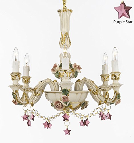Authentic Capodimonte Porcelain Chandelier Lighting Chandeliers Cottage Chic Made in Italy, 24K Gold Trimmed w/ Roses & Flowers Dressed w/ Purple Stars Crystals - GB102-B52/B51/435/6