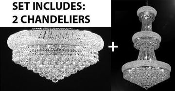 Set Of 2 - French Empire Crystal Chandelier H50" X W30" + Flush Empire Crystal Chandelier Lighting 12X24 - Foyer Hallway Bedroom Kitchen- Works For All Locations - 1Ea-Cs/541/24+1Ea-Cs/Flush/542/15 A500-