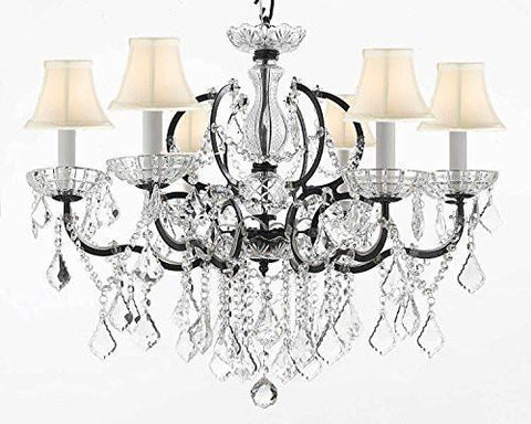 Nineteenth C. Baroque Iron & Crystal Chandelier Lighting Dressed With Empress Crystal And White Shades H 25" X W 26" - G83-Whiteshades/994/6