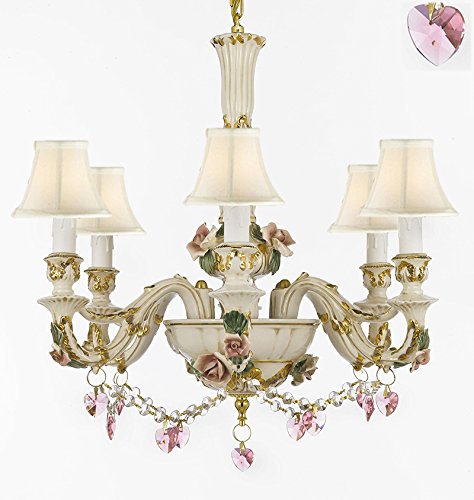 Authentic Capodimonte Porcelain Chandelier Lighting Chandeliers Cottage Chic Made in Italy, 24K Gold Trimmed w/ Roses & Flowers Dressed w/ Pink Hearts Crystals With White Shades - GB102-SC/WHITESHADES/B52/B23/435/6