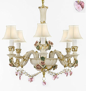 Authentic Capodimonte Porcelain Chandelier Lighting Chandeliers Cottage Chic Made in Italy, 24K Gold Trimmed w/ Roses & Flowers Dressed w/ Pink Hearts Crystals With White Shades - GB102-SC/WHITESHADES/B52/B23/435/6