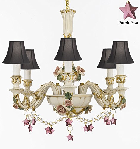 Authentic Capodimonte Porcelain Chandelier Lighting Chandeliers Cottage Chic Made in Italy, 24K Gold Trimmed w/ Roses & Flowers Dressed w/ Purple Stars Crystals With Black Shades - GB102-SC/BLACKSHADES/B52/B51/435/6