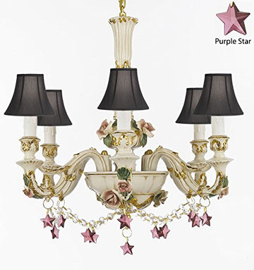 Authentic Capodimonte Porcelain Chandelier Lighting Chandeliers Cottage Chic Made in Italy, 24K Gold Trimmed w/ Roses & Flowers Dressed w/ Purple Stars Crystals With Black Shades - GB102-SC/BLACKSHADES/B52/B51/435/6