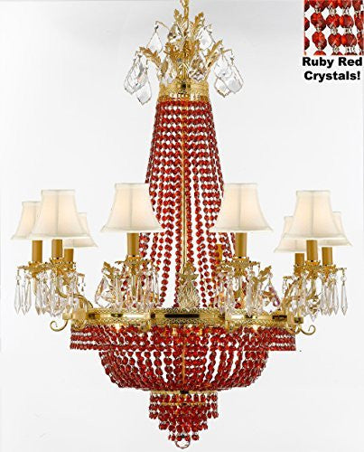 French Empire Crystal Chandelier Chandeliers H32" W25" - Dressed With Ruby Red Crystals And White Shades Perfect For Dining Room / Entryway / Foyer / Living Room - A500-B81/Whiteshade/1280/8+4