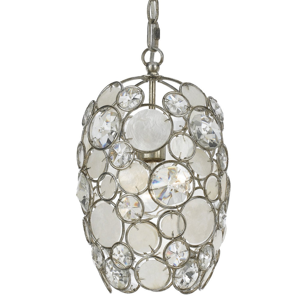 1 Light Antique Silver Coastal Mini Chandelier Draped In Natural White Capiz Shell + Hand Cut Crystal  - C193-523-SA