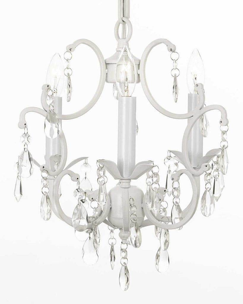 White Chandelier Wrought Iron Crystal Chandeliers H14" W11" Swag Plug In-chandelier w/ 14' Feet of Hanging Chain and Wire - G7-B17/WHITE/618/3