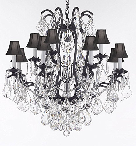 Wrought Iron Crystal Chandelier Lighting Trimmed with Swarovski Crystal! Good for Dining Room, Foyer, Entryway, Family Room, Bedroom, Living Room and More! H 36" W 36" 15 Lights - A500-B91/BLACKSHADES/3034/10+5SW