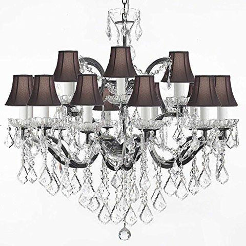 Swarovski Crystal Trimmed Chandelier 19Th C. Baroque Iron & Crystal Chandelier Lighting With Black Shade H 28" X W 30" - A83-Blackshades/995/18Sw