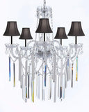 Authentic All Empress Crystal (tm) Chandelier Chandeliers Lighting Optical-quality Fringe Prisms With Black Shades w/Chrome Sleeves! H30" X W24" - G46-B43/B40/SC/Blackshades/3/384/5