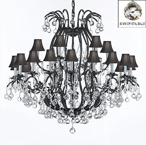 Wrought Iron Crystal Chandeliers Lighting Empress Crystal (Tm) Dressed With Faceted Crystal Balls And Black Shade H46" W46" Perfect For An Entryway Or Foyer - A500-Sc/Blackshade/B6/3034/18+6