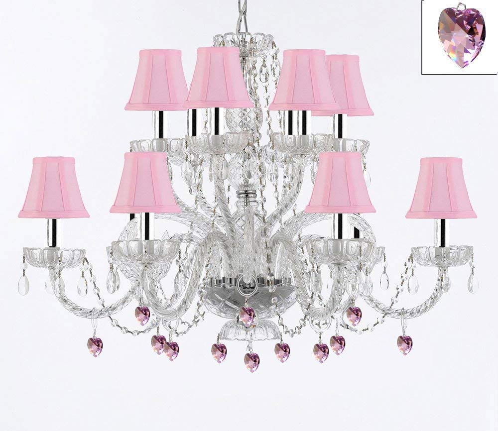 Murano Venetian Style All Empress Crystal (Tm) Chandelier! With Pink Crystals and Shades w/Chrome Sleeves! - A46-B43/B21/SC/Pinkshades/385/6+6