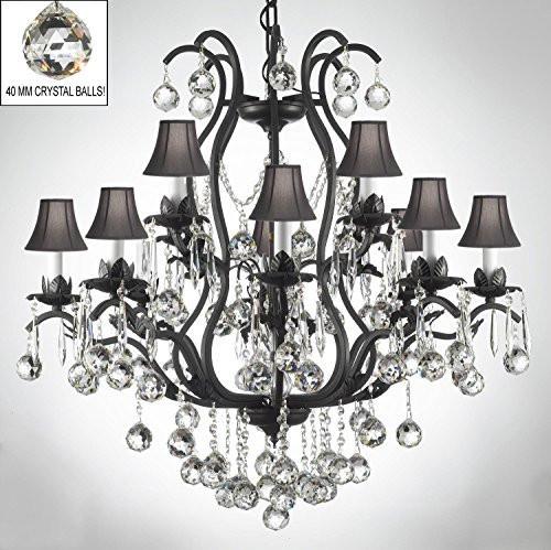 Swarovski Crystal Trimmed Chandelier Wrought Iron Crystal Chandelier Lighting Dressed W/ Crystal Balls & Shades - A83-B6/Sc/3034/8+4 -Black Shades Sw