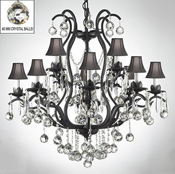 Swarovski Crystal Trimmed Chandelier Wrought Iron Crystal Chandelier Lighting Dressed W/ Crystal Balls & Shades - A500-B6/Sc/3034/8+4 -Black Shades Sw