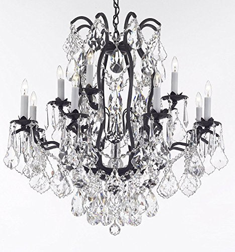 Wrought Iron Crystal Chandelier Lighting Trimmed with Swarovski Crystal Good for Dining Room, Foyer, Entryway, Family Room, Bedroom, Living Room and More! H 36" W 36" 15 Lights - A500-B91/3034/10+5SW