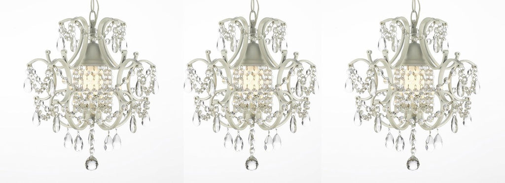 Set of 3: Wrought Iron Crystal Chandelier Lighting Country French White - One Light Ceiling Fixture Wrought Country French Min Kitchen - set of 3 592/1-WHITE