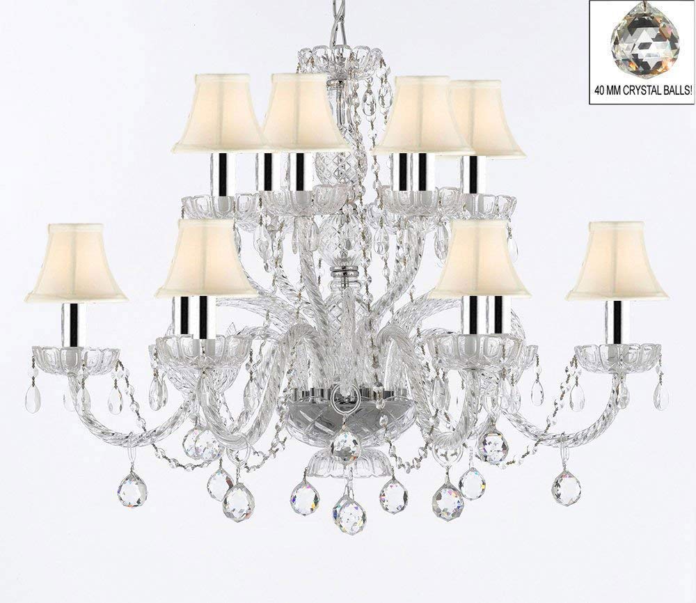 Murano Venetian Style All Empress Crystal (Tm) Chandelier! With Crystal Balls and White Shades w/Chrome Sleeves! - A46-B43/B6/SC/Whiteshades/385/6+6