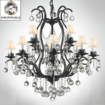 Wrought Iron Empress Crystal (Tm) Chandelier Lighting Dressed W/ Crystal Balls H36" W36" With Shades - A500-B6/Sc/3034/10+5-Whiteshades