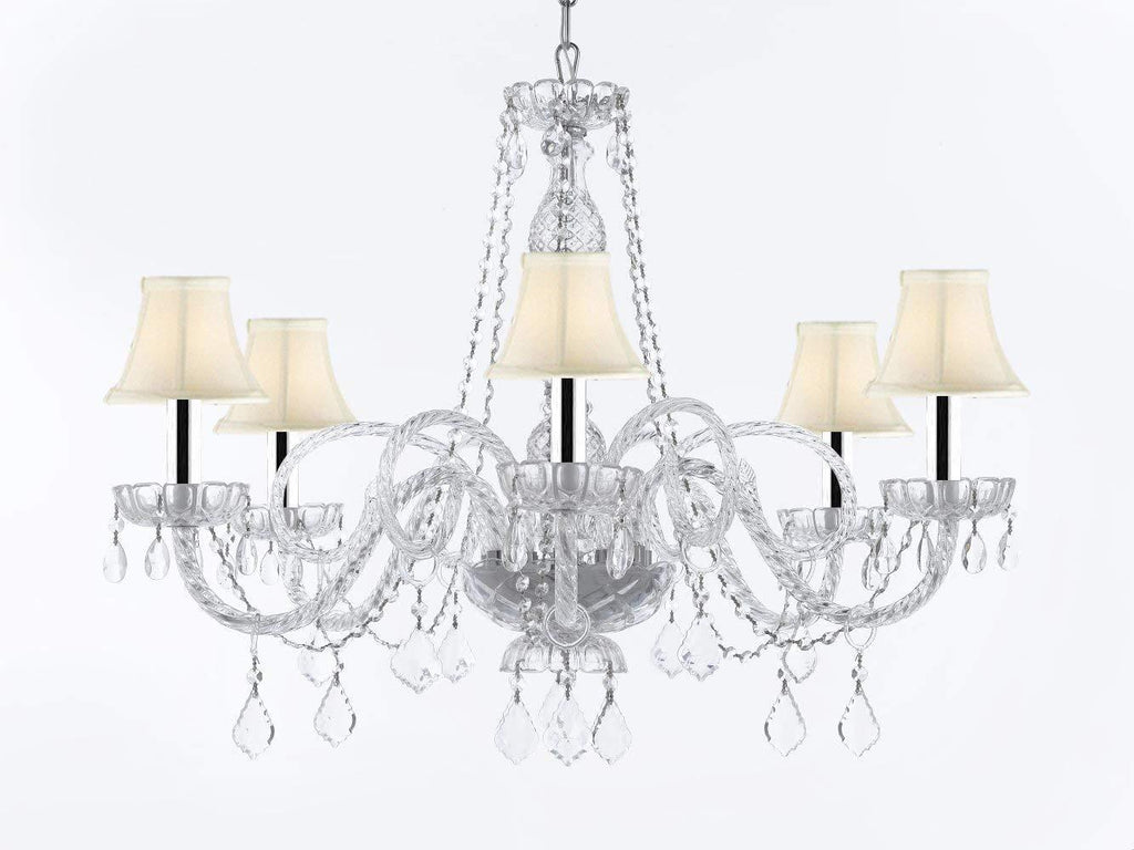 Crystal Chandelier Chandeliers Lighting with White Shades w/Chrome Sleeves H27" x W32" - G46-B43/SC/WHITESHADES/B67/385/6