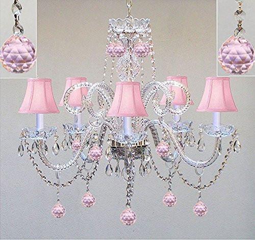 Chandelier Lighting W/ Crystal Pink Shades & Balls H25" X W24" - Perfect For Kid'S And Girls Bedroom - Go-A46-Pinkshades/387/5/Pinkballs