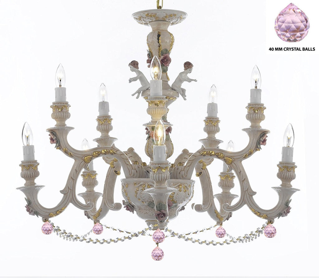 Authentic Capodimonte Porcelain Chandelier Lighting Chandeliers Cottage Chic Made in Italy, Trimmed w/ Roses & Flowers Dressed w/ Crystals and Balls - GB102-B76/B52/227/5+5