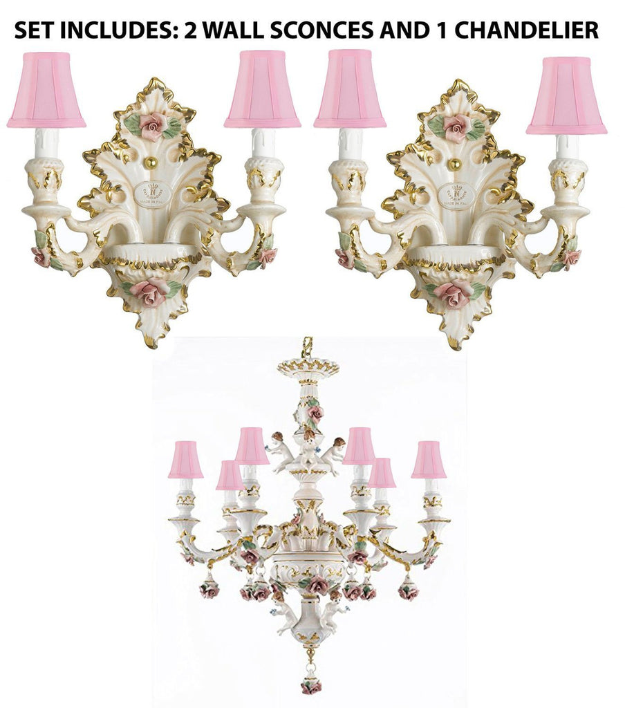 Set of 3 Authentic Capodimonte Porcelain Wall Sconce Lighting Cottage Chic Made in Italy With Shades, 24K Gold Trimmed w/ Roses & Flowers - 2EA-2/435+1EA-119/PINKSHADES